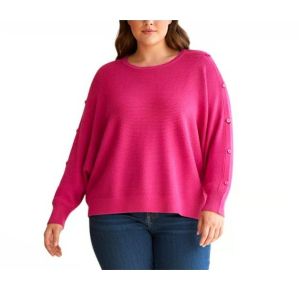 TAHARI Women's Bright Fuchsia Ribbed Button Accent Dolman Sweater Size 3X